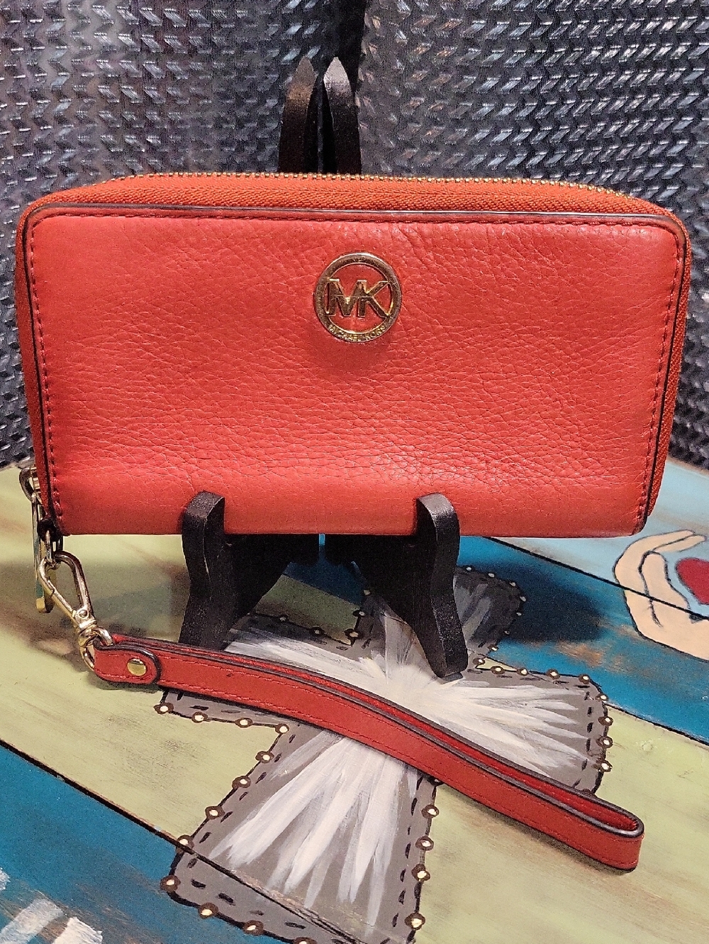 Michael Kors Coral Pebbled Leather Zip-Around Wristlet Wallet